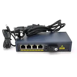 Комутатор POE 48V/57V 4 портів PoE +1 порт Ethernet FX 155 Мбіт/с (UP-Link) A, 802.3af, Black, БП у комплекті, (238*190*96) 0.79 кг (152*85*30)
