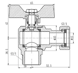 Кран кульовий Thermo Alliance Forte 3/4" ВЗ кутовий, PN40, з накидною гайкою, метелик SF224W20 - мініатюра 3