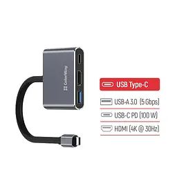 Концентратор ColorWay USB-C 3-in-1 USB 3.0 + HDMI 4K + USB-C PD100W (CW-HUB08) - мініатюра 6