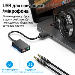 Зовнішня звукова карта Vention аудіоадаптер з підключенням USB-A з окремими гніздами 3,5 мм для навушників і мікрофона Plug & Play чорна (CDYB0) - мініатюра 2