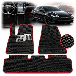 Килимки в салон EVA для Tesla Model S 2012-2020 з підп'ятником Чорні-Червоний кант T-01 T-09