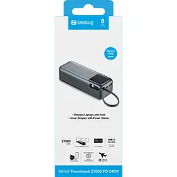 УМБ Sandberg 27000mAh 240W PD, USB-A, USB-C In/Out, with built-in Type-C cable 140W - мініатюра 6