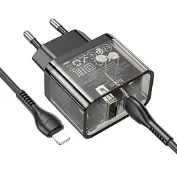 Зарядний пристрій Hoco N34 USB/ Type-C QC PD 20W прозоро-чорний + кабель Type-C to Lightning - мініатюра 6