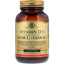 Витамин D3 (холекальциферол), Vitamin D3, 250 мкг (10000 МЕ), 120 гелевых капсул Solgar vit0003019