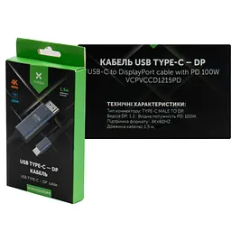 Кабель мультимедійний USB-C to DisplayPort M 1.5m v1.2 4K60Hz PD 100W port Vinga (VCPVCCD1215PD) - мініатюра 3