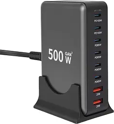 Мережева зарядна станція ILEPO 500W на 2 USB+6 Type-C мультизарядний пристрій потужний блок живлення Black (19339) - мініатюра 2