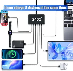 Мережева зарядна станція ILEPO 240W на 4 USB+4 Type-C мультизарядний пристрій потужний блок живлення Black (19338) - мініатюра 7