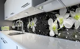 Кухонний фартух Мокрі Орхідеї вінілова наклейка для кухні ПВХ краплі роса Квіти Сірий Happy Pocket Z181311