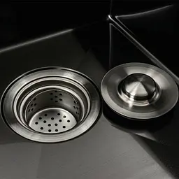 Кухонна мийка чорна PVD 58x48 R Platinum Handmade (два отвори, круглий сифон 3,0/0,8), Чорний - мініатюра 3