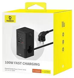Мережевий зарядний пристрій Baseus Power Combo Tower Power Strip 2AC+2USB+2Type-C 100 W 1.5m E00023609113-00 Black - мініатюра 7