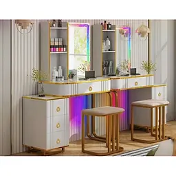 Туалетний столик Costway Vicci з пуфом + дзеркало LED - мініатюра 3