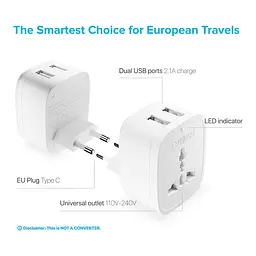 Європейський адаптер Unidapt типу C - World to Europe - 3 в 1 Міжнародний штекер живлення з 2 USB та AC - Універсальний вхідний - мініатюра 3