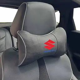 Подушка на підголівник з логотипом Suzuki Екошкіра 3D Кольоровий лого Чорна-Сірий кант 1 шт