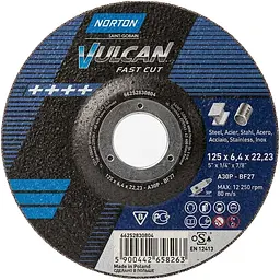 Диск шліфувальний Norton Vulcan Fast Cut по металу і нержавіючій сталі 125 x 22.2 x 6.4 мм (70V602)