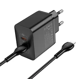 Мережевий зарядний пристрій Hoco N35 2 Type-C PD 45W чорний + кабель Type-C to Lightning - мініатюра 3
