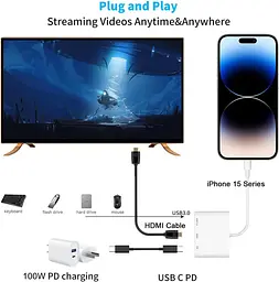 Адаптер USB-C 3в1 HDMI 4K для iPhone 15/16 з USB та зарядкою 100W - мініатюра 6