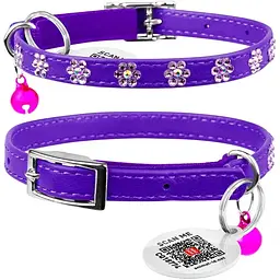 Нашийник для котів Waudog Glamour Квіточка, шкіряний, з еластичною вставкою, зі стразами, 22-30х0,9 см, фіолетовий - мініатюра 3