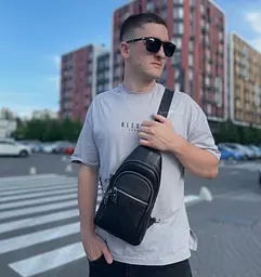 Чоловічий нагрудний шкіряний слінг 18х32х7 через плече TIDING BAG-MK 83423 чорний 18 см - мініатюра 7
