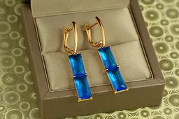 Сережки Xuping Jewelry підвіски подвійний прямокутний блакитний фіаніт 4,3 см золотисті - мініатюра 2