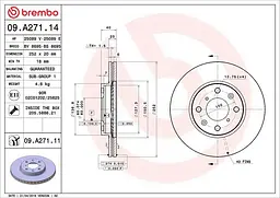 Диск гальмівний вентильований Opel Agila B, Suzuki Splash, Swift III 05-25р Brembo (09.A271.14)