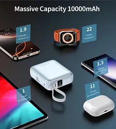 УМБ Choetech 10000mAh 35W PD3.0 USB-C In/Out, with buid-in type-C cabel голуба - мініатюра 6