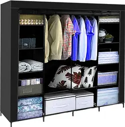 Складана тканинна шафа для одягу Ruhhy 23740 XXL (170x170 см), чорна гардеробна на 14 полиць та 2 вішалки, мобільна шафа-органайзе