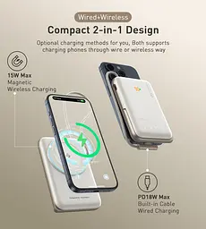 УМБ Choetech Magnetic Wireless 10000mAh 20W PD USB-C In/Out, Qi-15W,buid-in cabel White - мініатюра 4