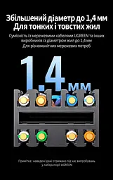 Екранований конектор UGREEN NW314 для кабелю діаметром 6,0–7,8 мм для ізольованих жил діаметром 1,0–1,4 мм RJ45 Cat 6A монтаж без обтискних кліщів для швидкості до 10 Гбіт/с потрібен кабель Cat 6A багаторазового використання для однодротяних і багатодротяних жил з підтримкою PoE підключення без зачищення ізоляції окремих жил з маркуванням T568A/T568B з різьбовим фіксатором кабелю сріблясто-чорний (45706) - мініатюра 3