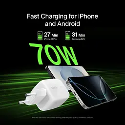 Мережевий зарядний пристрій 2×USB-C + USB-A GaN PD PPS Belkin BoostCharge Pro 70 W White - мініатюра 2
