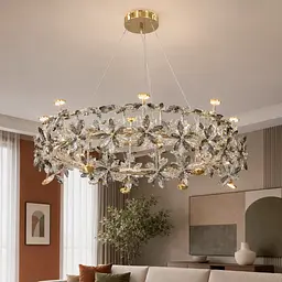 Велика кільцева люстра підвісна Artlight 25028-750GD золота на 16 ламп G4 зі скляним квітковим декором