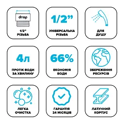 Водозберігаюча насадка Drop PM04T-SH для душу - Економія 66%, 4 л/хв, універсальна 1/2" - мініатюра 4