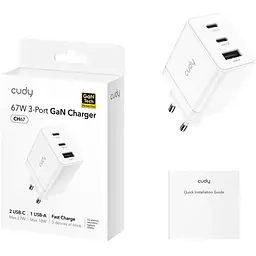Зарядний пристрій 3xUSB 67W, (GaN, 1хUSB-C, QC+PD 3.0, вилка ЄС, для iPhone 12) , Cudy (CH67_EU) - мініатюра 2