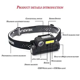 Ліхтарик налобний акумуляторний BL-123, XPE+COB, з сенсорним увімкненням - мініатюра 9