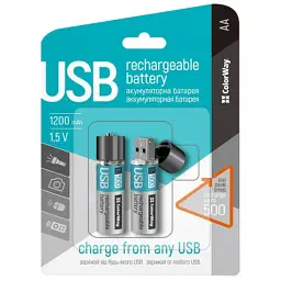 Акумулятор ColorWay AA USB 1200 mAh 1.5V R6 x 2 (CW-UBAA-02) - мініатюра 2
