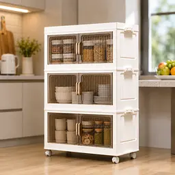 Пластикова шафка для зберігання 3 яруси 50×25×72 см / Пластиковий органайзер-комод на колесах з прозорими дверцятами - мініатюра 3