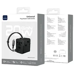 Мережевий універсальний перехідник UA013 20W GaN + 1USB-A/2C with retractable cable Type-C Black Wiwu teh0030551 - мініатюра 5