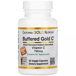 Буферизований Вітамін C California Gold Nutrition Buffered Gold C Standard Sodium Ascorbate Vitamin C 750 мг 60 вегетаріанських капсул