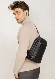 Чорний шкіряний чоловічий рюкзак на одне плече Chest Bag - мініатюра 7
