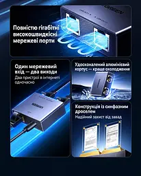 Ethernet-розгалужувач UGREEN NW301 мережевий комутатор RJ45 1 вхід і 2 виходи до 1000 Мбіт/с потребує живлення через USB-C для одночасного підключення двох пристроїв з індикаторами живлення та з’єднання алюмінієвий корпус з кабелем живлення від USB-A до USB-C довжиною 0,5 м космічний сірий із чорними панелями (35598) - мініатюра 8