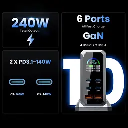 Зарядний адаптер - станція хаб живлення Asometech HW186 6-в-1 GaN 240W USB Type-C 6 портів - мініатюра 3