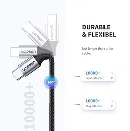 Кабель Ugreen US261 USB 2.0 C M/M Round Cable Nickel Plating Aluminum Shell 2 м сірий чорний (50152) - мініатюра 3