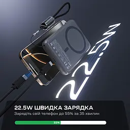 Повербанк 10000mAh Choetech B862 Grey 22.5W QC3.0 PD3.0 бездротова магнітна зарядка MagSafe (43-00168) - мініатюра 6