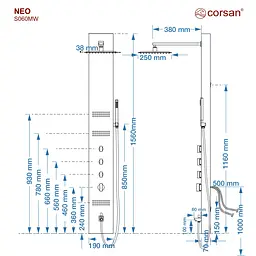 Душова панель Corsan Neo inox LED з виливом S060MSLLEDW, Нержавіюча сталь - мініатюра 4