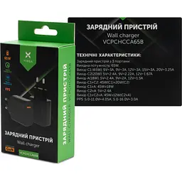 Зарядний пристрій Vinga GaN 65W PD+QC 2C1A ports Wall Charger (VCPCHCCA65B) - мініатюра 6