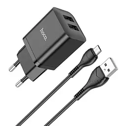 Комплект зарядний Hoco N25 Maker (2 USB) + Кабель MicroUSB чорні 6931474782113 - мініатюра 3