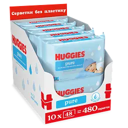 Набір вологих серветок Huggies Pure без пластику 480 шт. (10 уп. х 48 шт.)