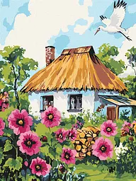 Картина за номерами Мальви біля хати Ideyka 30×40 см КНО6407