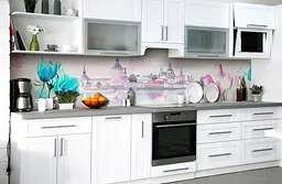 Кухонний фартух Замок біля річки вінілова наклейка для кухні ПВХ квіти Архітектура Сірий Happy Pocket Z181398