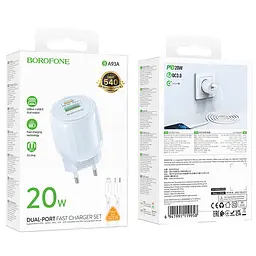 МЗП Borofone BA93A Lustrous PD20W+QC3.0 (1USB-A/1C) + кабель Type-C to Lightning Blue - мініатюра 4