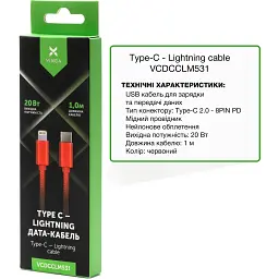 Дата кабель USB-C to Lightning 1.0m 20W Nylon Red Vinga (VCDCCLM531) - мініатюра 2